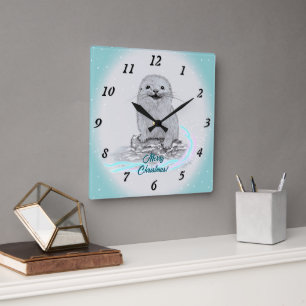 Reloj Cuadrado Cachorro de Nutria Marina Blanca Adorable, Feliz N