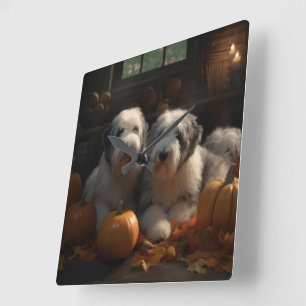 Reloj Cuadrado Cachorro de Old English Sheepdog Otoño Delicia Cal