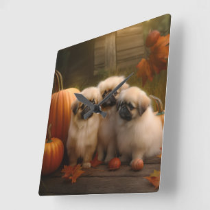 Reloj Cuadrado Cachorro de Pekín Otoño Delicia Calabaza 