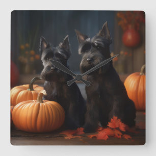 Reloj Cuadrado Cachorro de Terrier Escocés Otoño Delicia Calabaza