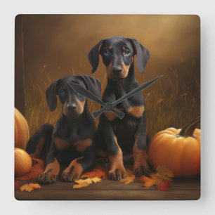Reloj Cuadrado Cachorro Doberman Otoño Delicia Calabaza