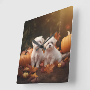 Reloj Cuadrado Cachorro Maltés Delicia de Otoño Calabaza