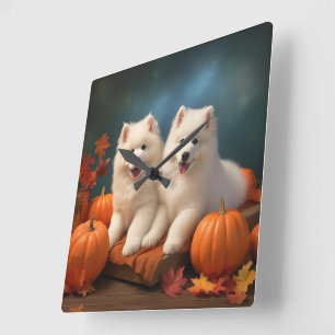 Reloj Cuadrado Cachorro Samoyedo Delicia de Otoño Calabaza