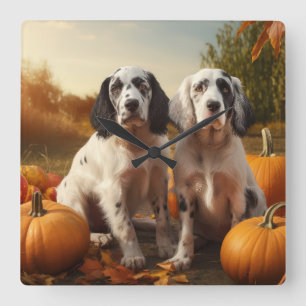 Reloj Cuadrado Cachorro Setter Inglés Otoño Delicia Calabaza