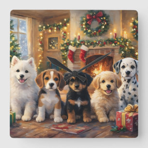 Reloj Cuadrado Cachorros de Navidad junto a la chimenea y árbol d