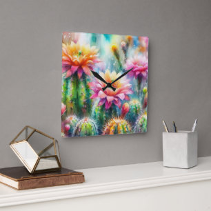 Reloj Cuadrado Cacti Suculento de Flores de Agua