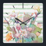 Reloj Cuadrado Cactus acuarelas, diseño floral y de rayas<br><div class="desc">Colección de cactus, suculentos y flores sobre un fondo de pincel verde de menta, trazos de rayas de fondo con un toque de ensueño vintage de acuarela, hecho en suaves colores de menta, rosa, rubor, naranja, púrpura, verde, azul, verde azulado y blanco. Místico, caprichoso, veraniego, sol, playa, femenina, femenina, femenina,...</div>