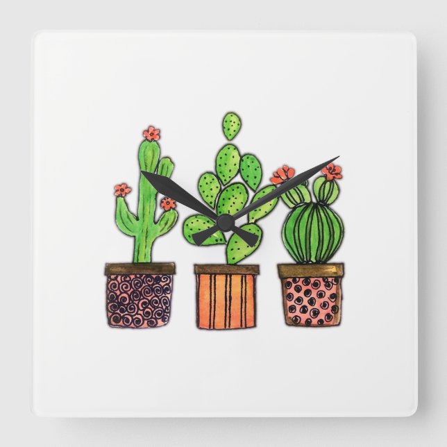 Reloj Cuadrado Cactus De Acuarela Cuta En Cacerolas (Anverso)