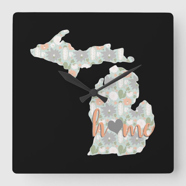 Reloj Cuadrado Cactus Llenó Silhouette Michigan Con Casa (Anverso)