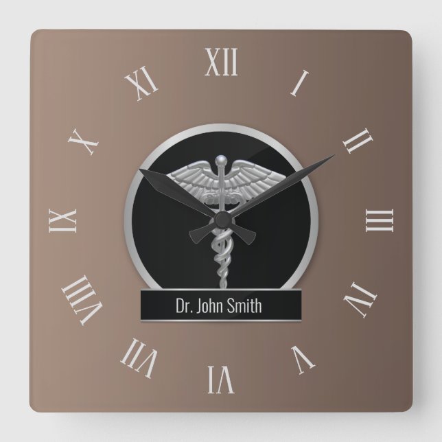 Reloj Cuadrado Caduceto Médico Profesional Silver (Anverso)