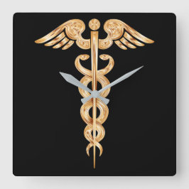 Reloj Cuadrado Caduceus Black and Gold Wall Clock