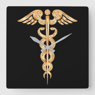 Reloj Cuadrado Caduceus Black and Gold Wall Clock