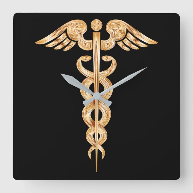 Reloj Cuadrado Caduceus Black and Gold Wall Clock (Anverso)