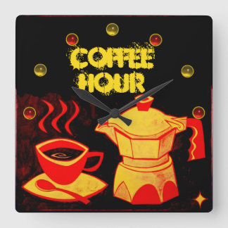 Reloj Cuadrado CAFÉ HORA / Café rojo amarillo y cafetera