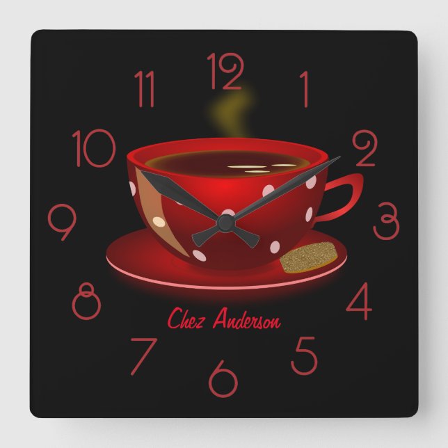 Reloj Cuadrado Café personalizado rojo y negro (Anverso)
