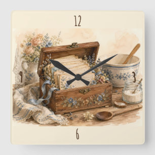 Reloj Cuadrado Caja de Recetas Antiguas Cocina de Campo