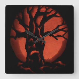 Reloj Cuadrado Calabaza de Halloween, árbol muerto brillante
