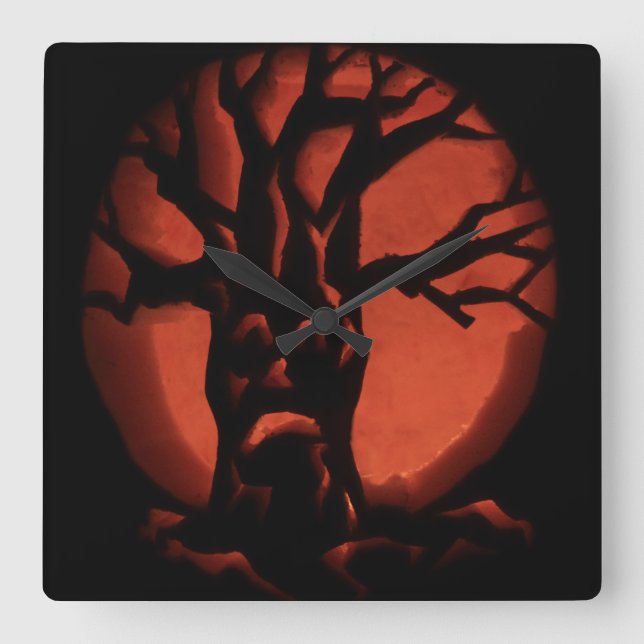Reloj Cuadrado Calabaza de Halloween, árbol muerto brillante (Anverso)