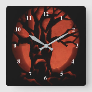 Reloj Cuadrado Calabaza de Halloween con árboles muertos brillant