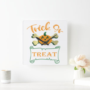 Reloj Cuadrado Calabaza de Halloween con truco o tratar cruces