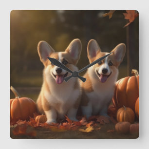 Reloj Cuadrado Calabaza deslumbrante Corgi Puppy Autumn