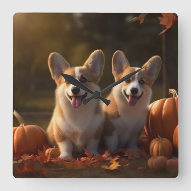 Reloj Cuadrado Calabaza deslumbrante Corgi Puppy Autumn (Anverso)