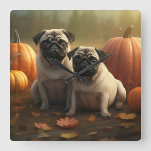 Reloj Cuadrado Calabaza deslumbrante de la pug pipa otoño