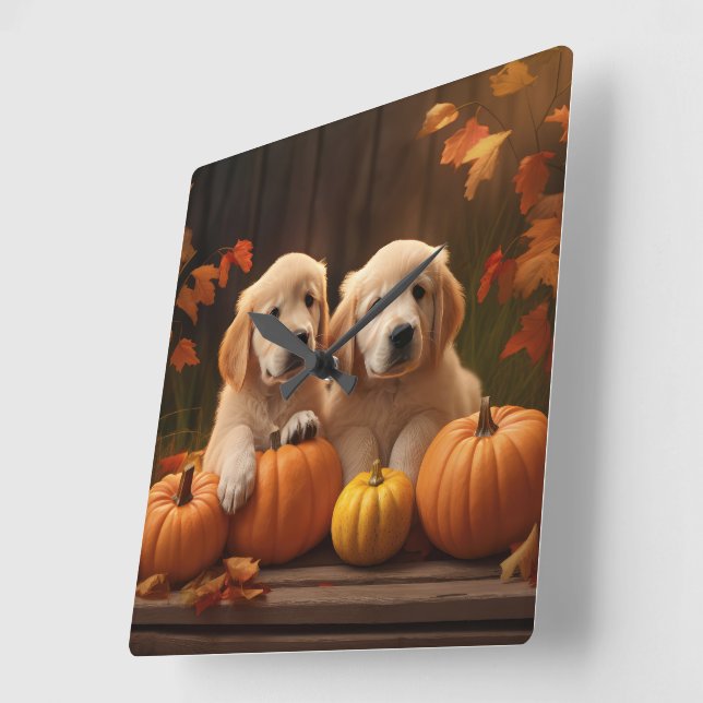 Reloj Cuadrado Calabaza deslumbrante de otoño de Golden Retriever (Ángulo)