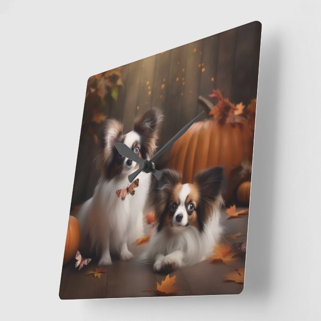 Reloj Cuadrado Calabaza deslumbrante Papillon Puppy Autumn (Ángulo)