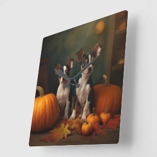 Reloj Cuadrado Calabaza deslumbrante Rat Terrier Puppy Autumn