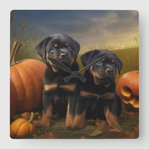 Reloj Cuadrado Calabaza deslumbrante Rottweiler Puppy Autumn