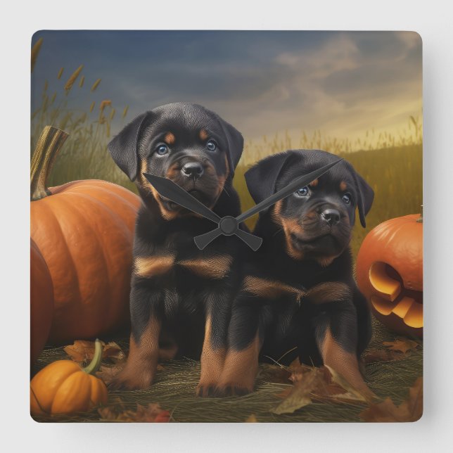 Reloj Cuadrado Calabaza deslumbrante Rottweiler Puppy Autumn (Anverso)