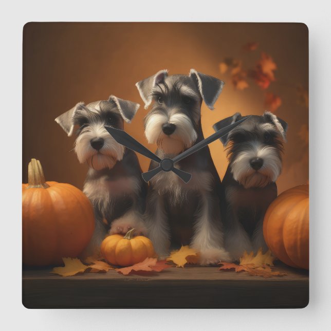 Reloj Cuadrado Calabaza deslumbrante Schnauzer Ppy Autumn (Anverso)