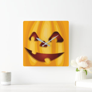Reloj Cuadrado Calabaza tallada sonriendo diseño de Halloween