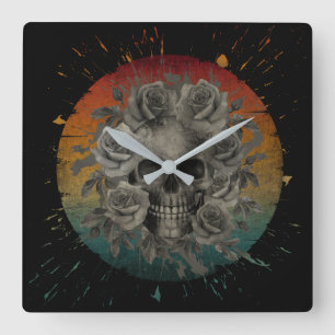RELOJ CUADRADO CALAVERA ANTIGUA Y FLORES NEGRO Y BLANCO