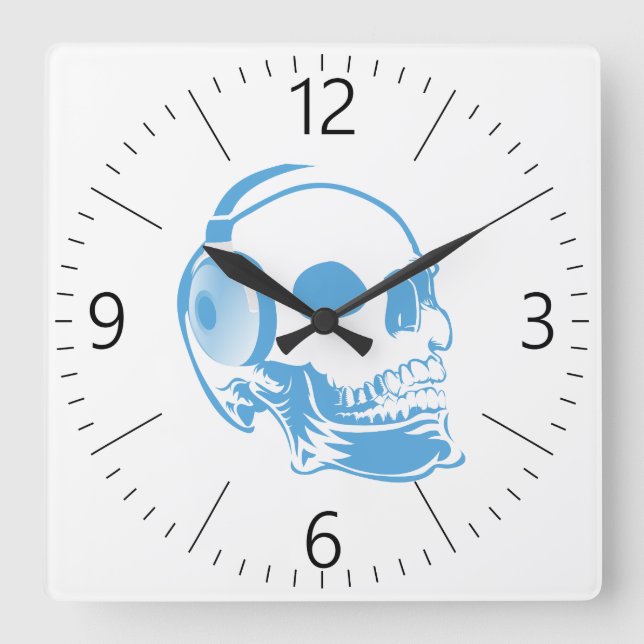 Reloj Cuadrado Calavera con auriculares (Anverso)