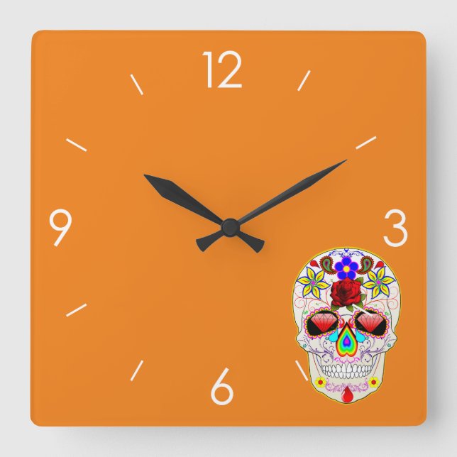 Reloj Cuadrado Calavera de azúcar de Halloween - Tattoo Art (Anverso)