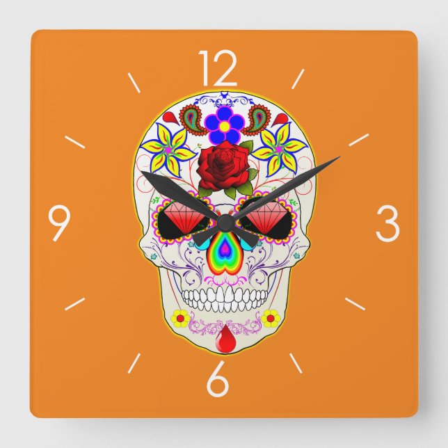 Reloj Cuadrado Calavera de azúcar de Halloween - Tattoo Art (Anverso)