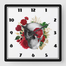 Reloj Cuadrado Calavera de gótico con flores rojas y hojas de oro