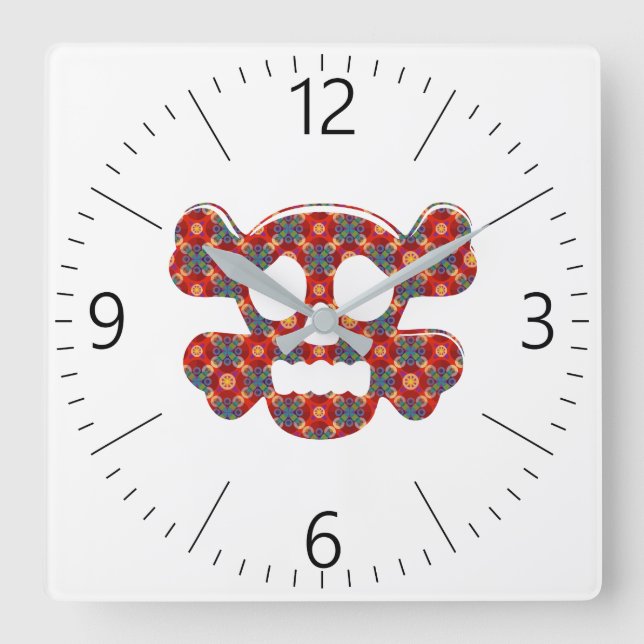 Reloj Cuadrado Calavera divertida y colorida (Anverso)