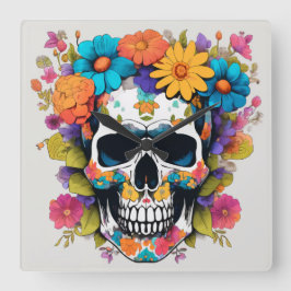 Reloj Cuadrado Calavera floral colorida