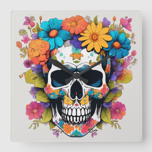 Reloj Cuadrado Calavera floral colorida (Anverso)