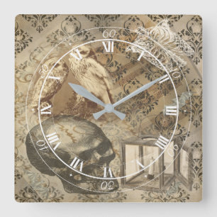 Reloj Cuadrado Calavera gótica, búhos y efemera de velas