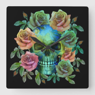 RELOJ CUADRADO CALAVERA VERDE DE LA MUERTE CON FLORES