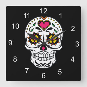 Reloj Cuadrado Calaveras azucareras y remolinos Subió ID725 negro