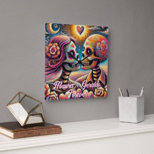 Reloj Cuadrado Calaveras de Azúcar Personalizadas en Chalk Pastel