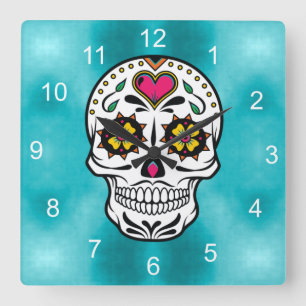 Reloj Cuadrado Calaveras de azúcar y remolinos Rosa Turquesa ID72