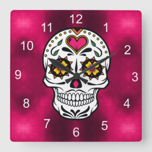 Reloj Cuadrado Calaveras de azúcar y Swirls Subió Red ID725