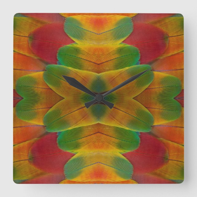 Reloj Cuadrado Caleidoscopio de la pluma del loro del Macaw (Anverso)