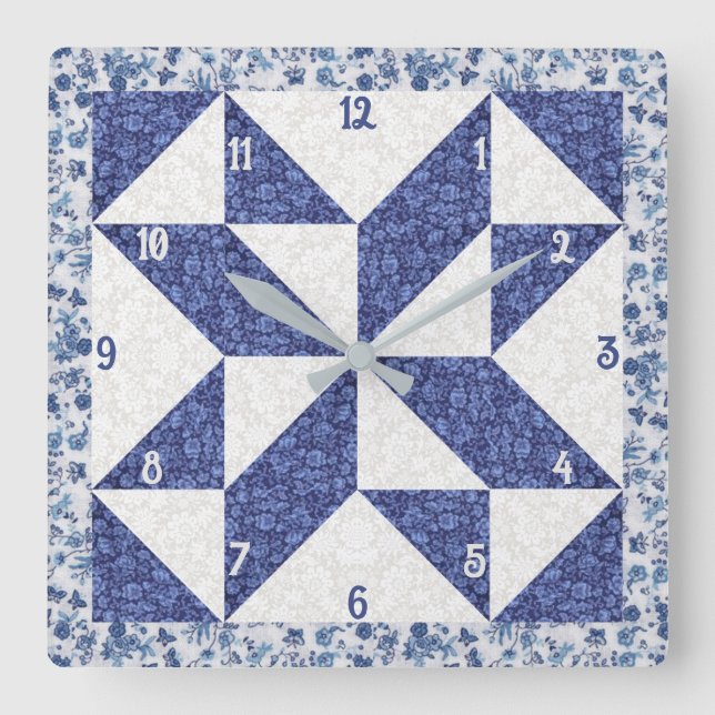 Reloj Cuadrado Calico azul y blanco PinWheelt Faux Quilt (Anverso)